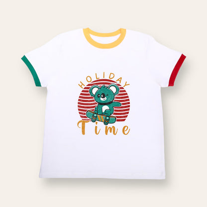 Unisex White with Colorful Ribs Holiday Time T Shirt for Kids