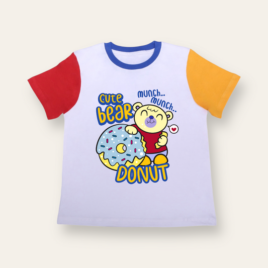 Unisex Red & Yellow Sleeves Bear Donut T Shirt for Kids