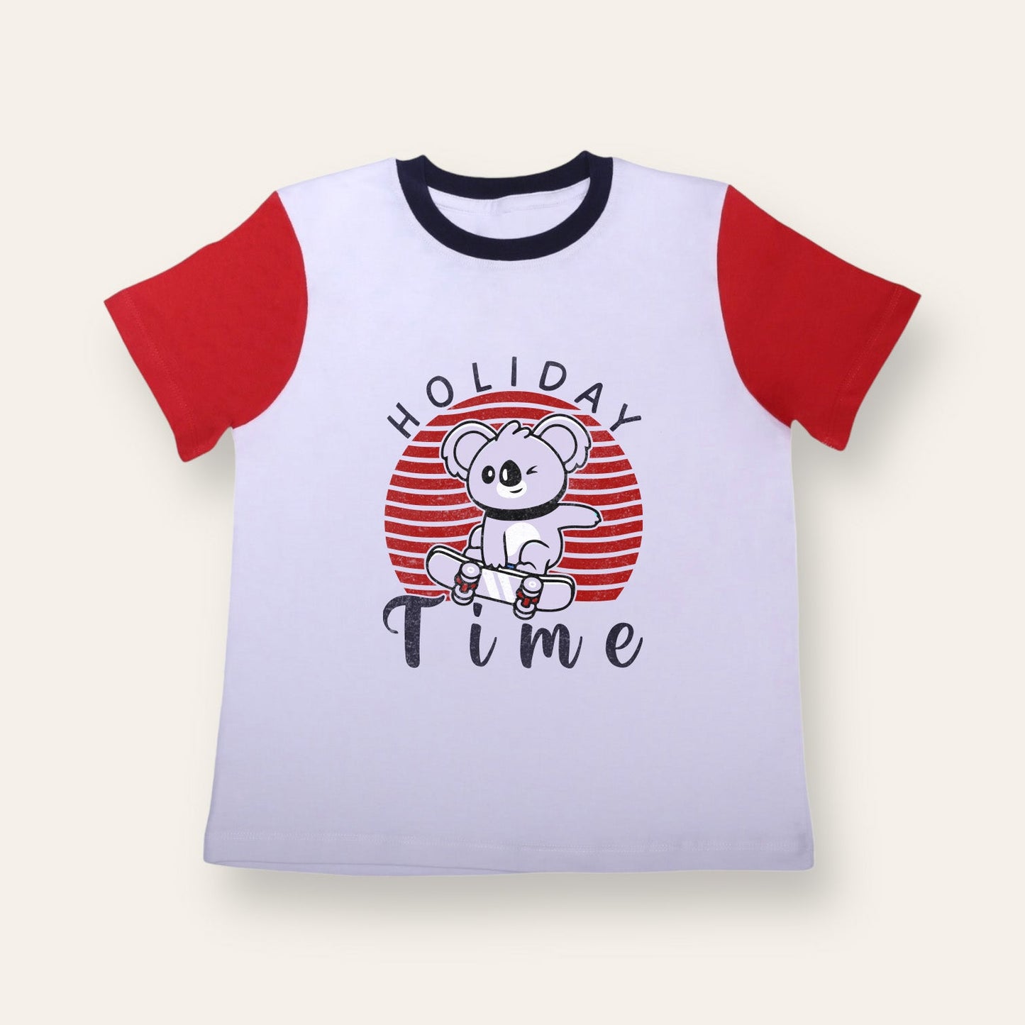 Unisex White/Red Sleeves Holiday Time T Shirt for Kids