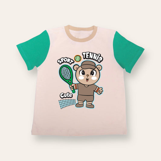 Unisex Cream & Green Tennis Sport T Shirt for Kids