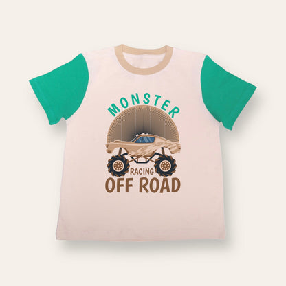 Unisex Cream & Green Monster Racing T Shirt for Kids