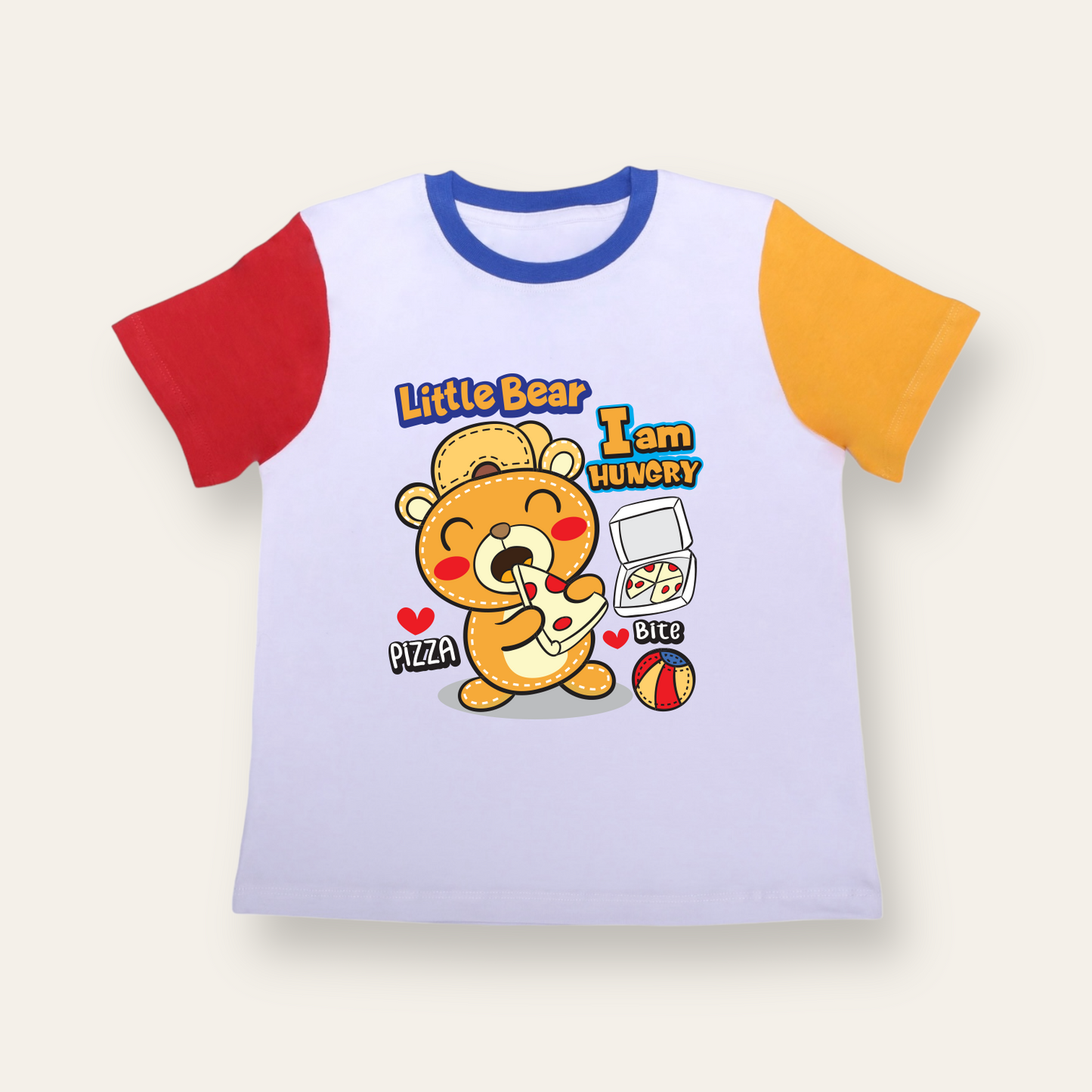 Unisex Red/Yellow Sleeves Pizza Lover Bear T Shirt for Kids