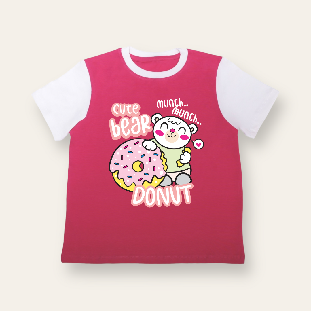 Unisex Pink & White Bear Donut T Shirt for Kids