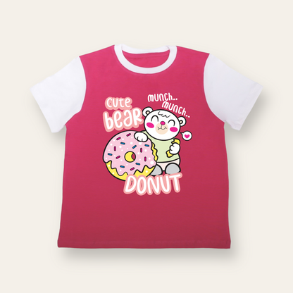 Unisex Pink & White Bear Donut T Shirt for Kids