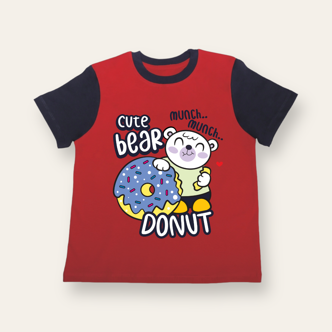 Unisex Red & Blue Bear Donut T Shirt for Kids