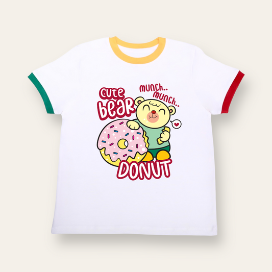 Unisex White with Colorful Ribs Bear Donut T Shirt for Kids