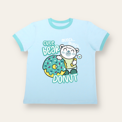 Unisex Turquoise With Ribs Bear Donut T Shirt for Kids