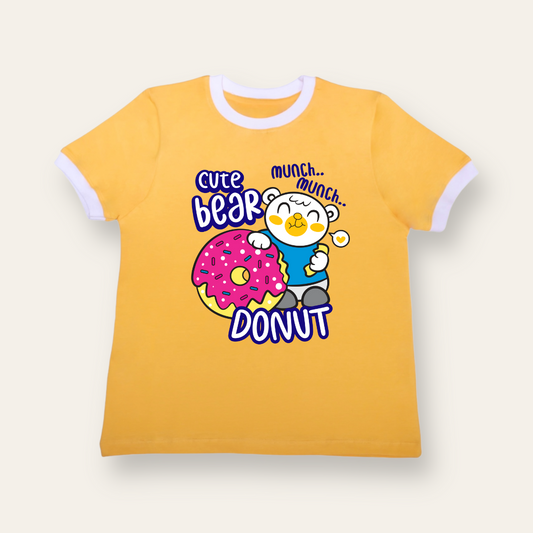 Unisex Yellow With Ribs Bear Donut T Shirt for Kids