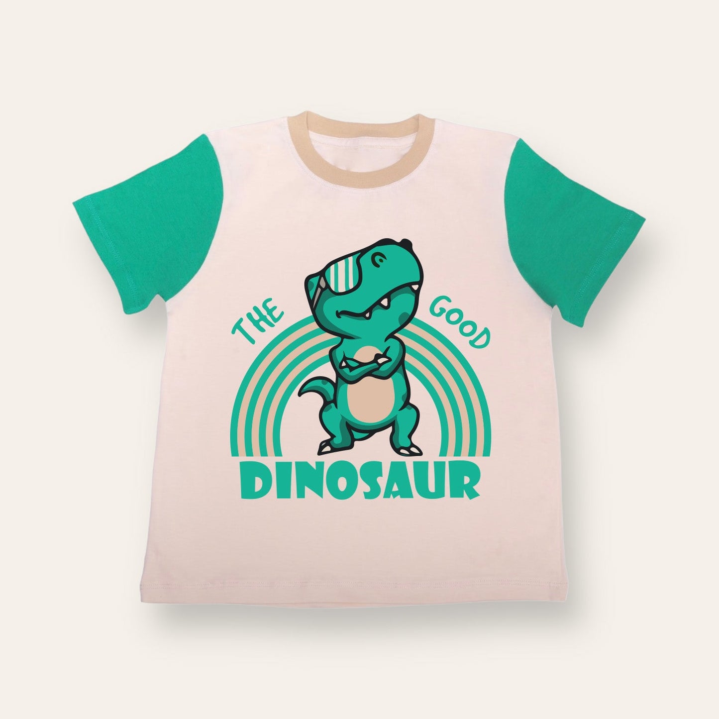 Unisex Cream & Green Sleeves Dinosaur T Shirt for Kids