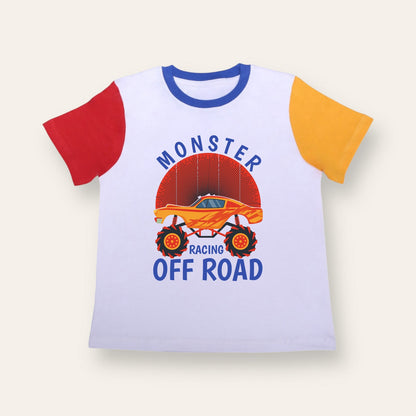 Unisex Red/Yellow Sleeves Monster Racing T Shirt for Kids