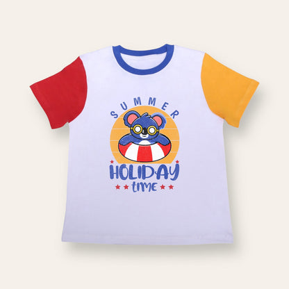 Unisex Red/Yellow Sleeves Summer Holiday Time T Shirt for Kids