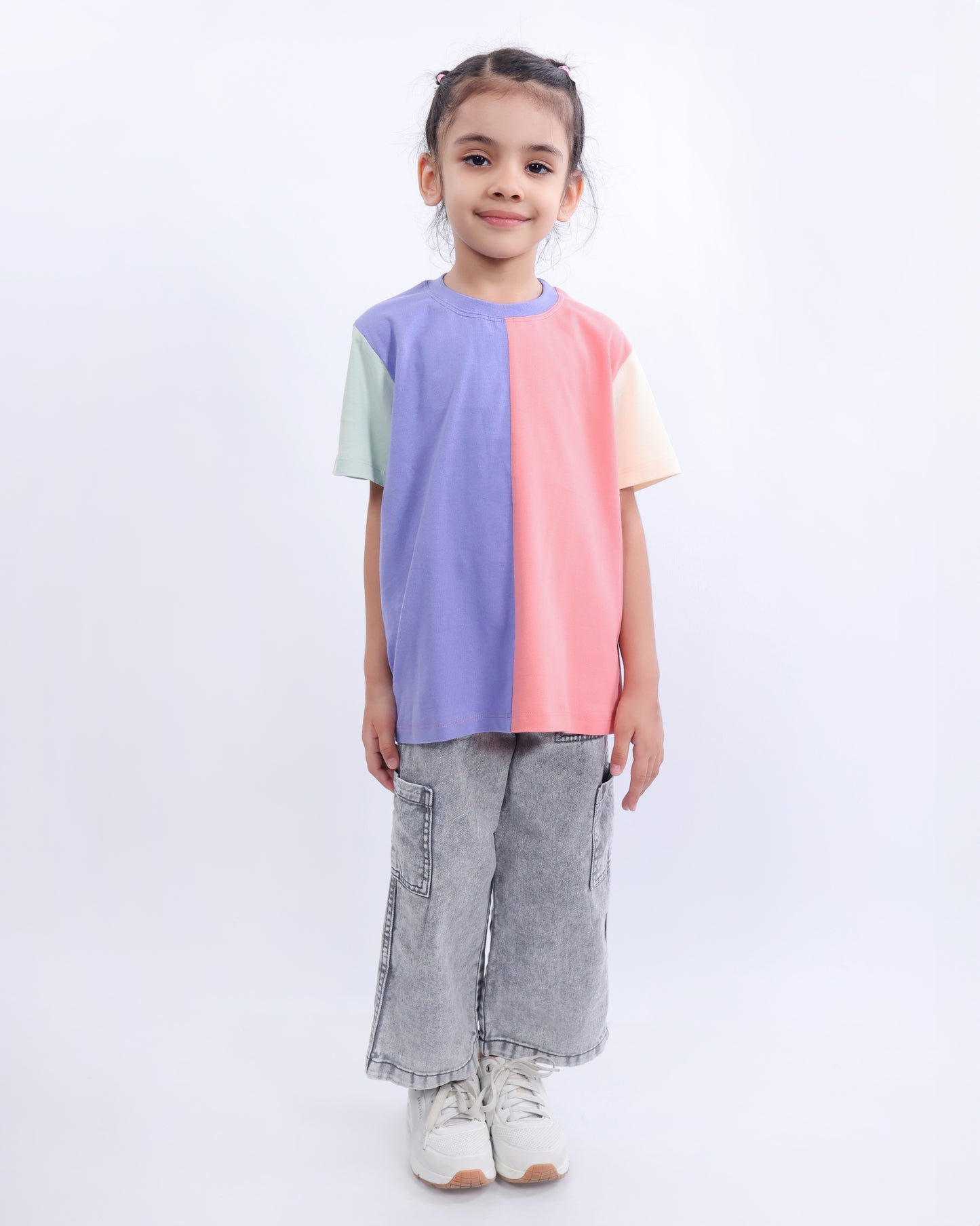 Unisex Colorblock T Shirt for Kids - Peach, Purple, Cream & Light Green