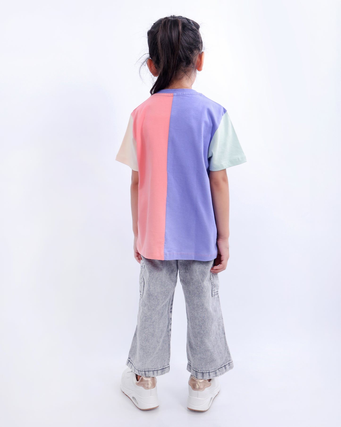 Unisex Colorblock T Shirt for Kids - Peach, Purple, Cream & Light Green