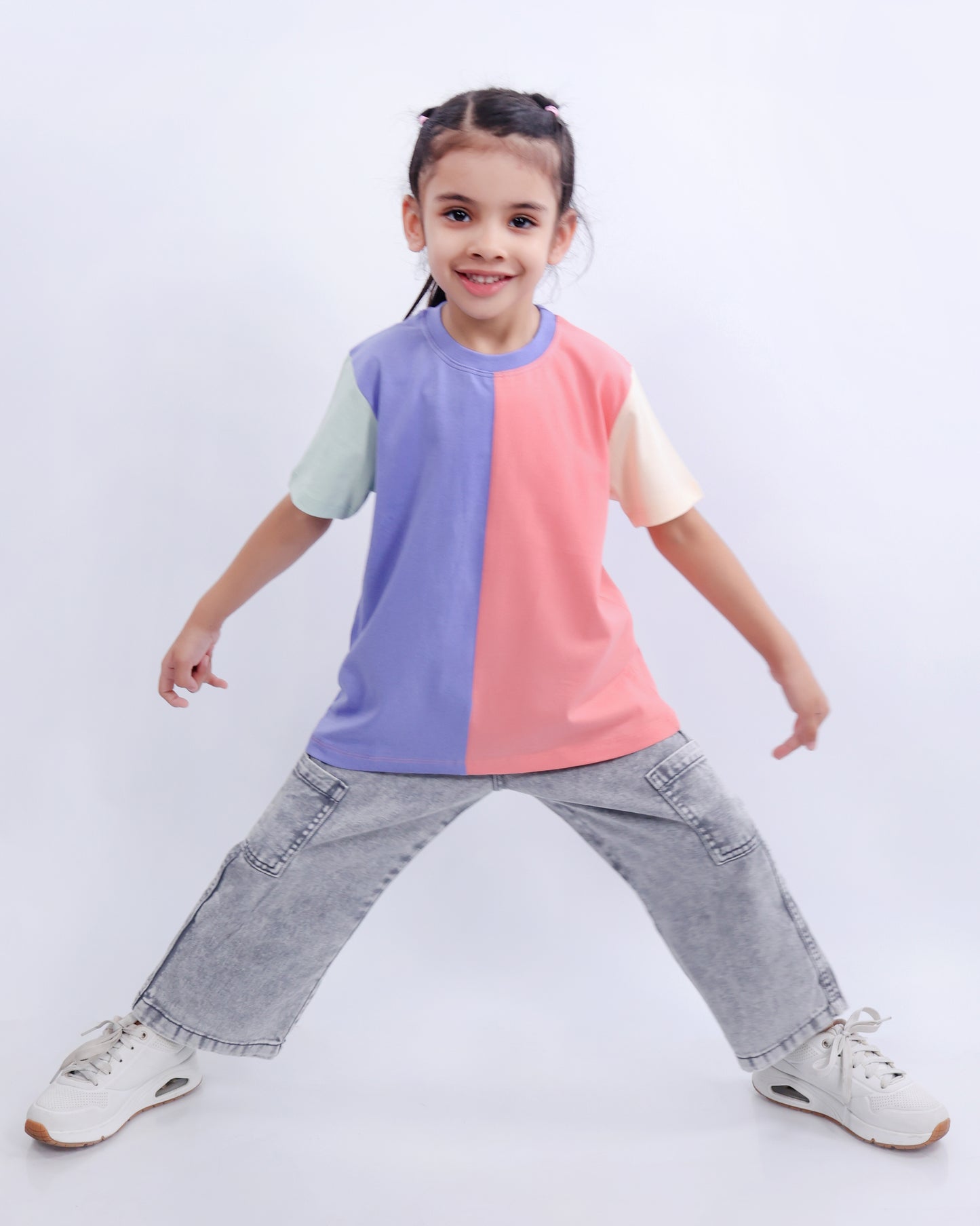 Unisex Colorblock T Shirt for Kids - Peach, Purple, Cream & Light Green