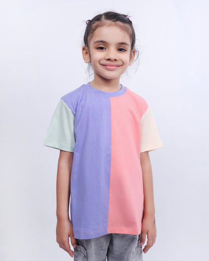 Unisex Colorblock T Shirt for Kids - Peach, Purple, Cream & Light Green