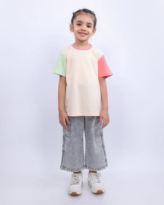 Unisex Plain Cream Light Green & Peach Sleeves T Shirt for Kids