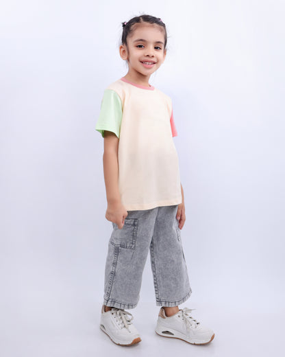 Unisex Plain Cream Light Green & Peach Sleeves T Shirt for Kids