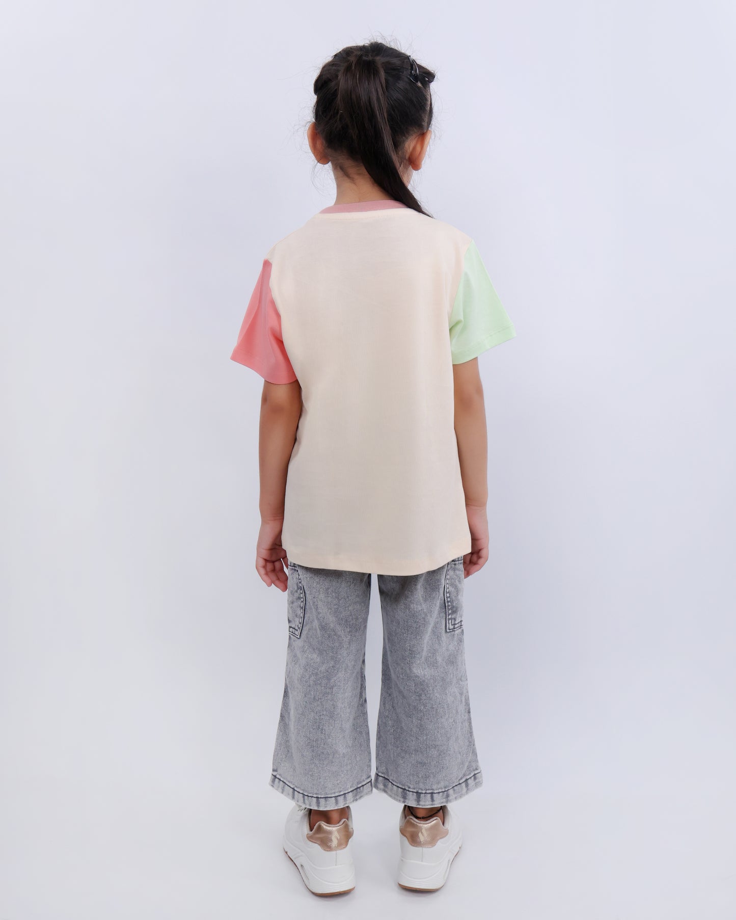 Unisex Plain Cream Light Green & Peach Sleeves T Shirt for Kids