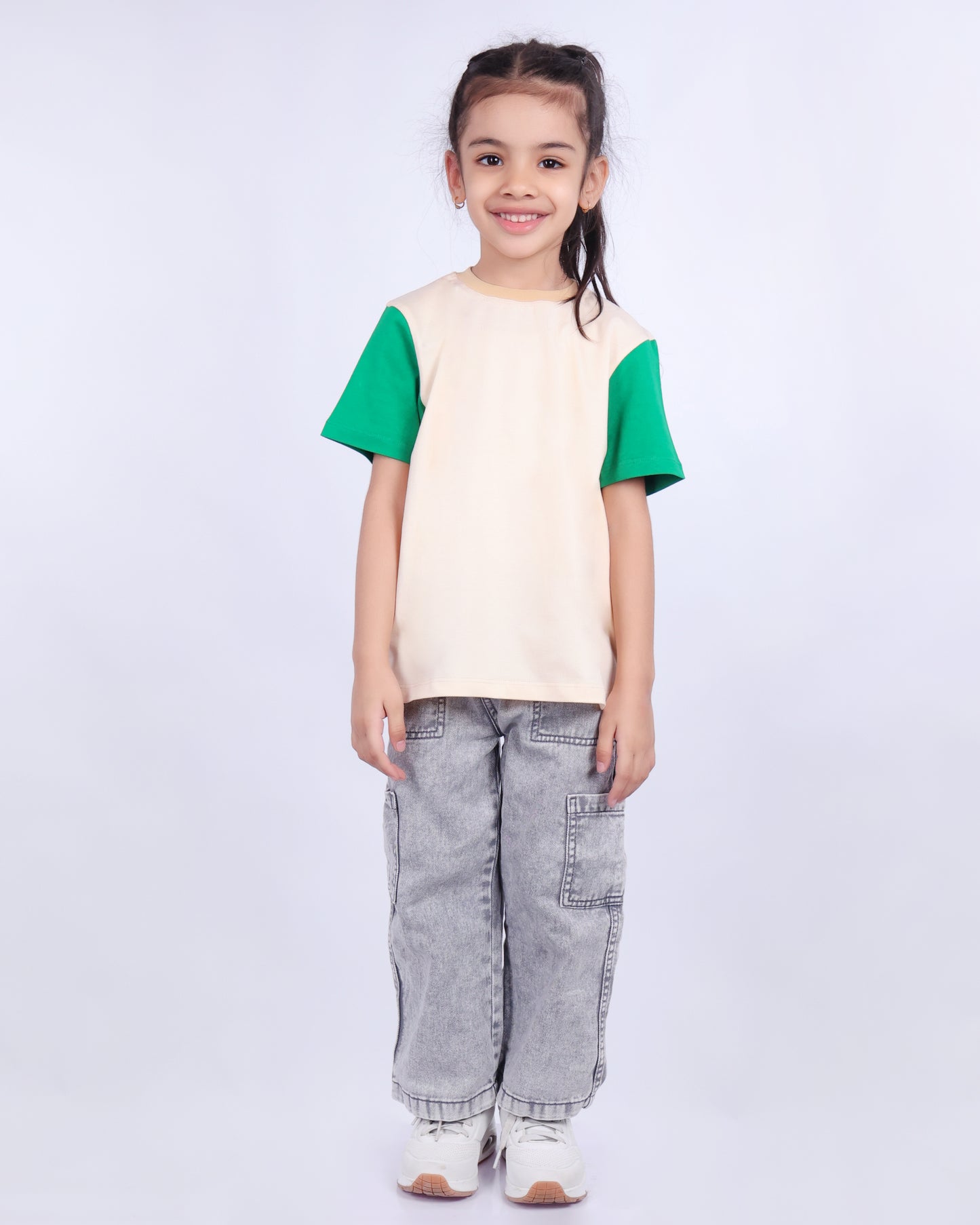 Unisex Plain Cream & Green T Shirt for Kids