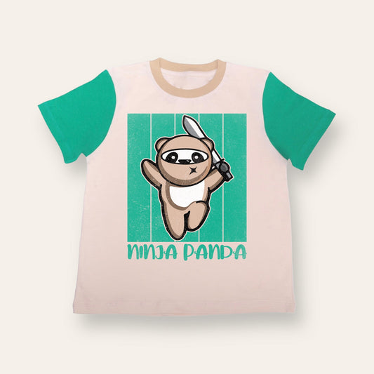 Unisex Cream & Green Ninja Panda T Shirt for Kids