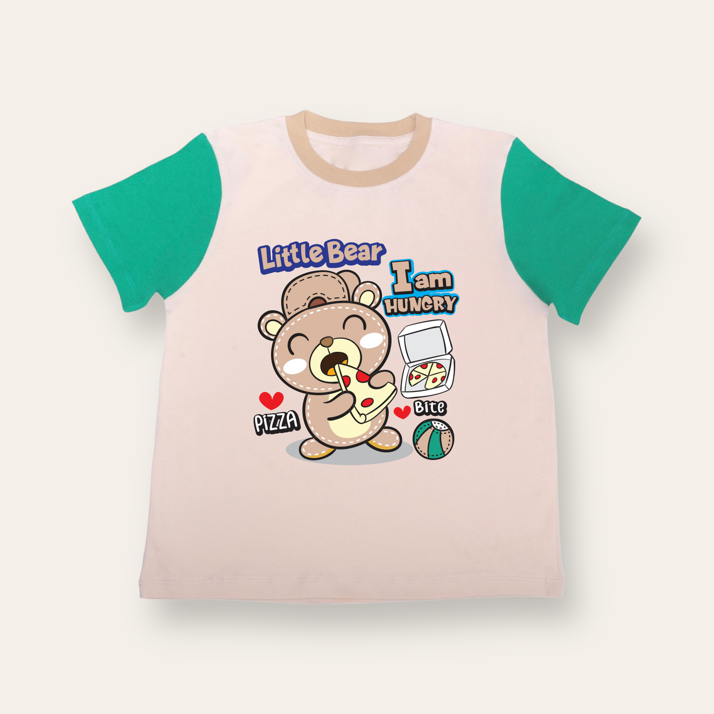 Unisex Cream & Green Pizza Lover Bear T Shirt for Kids