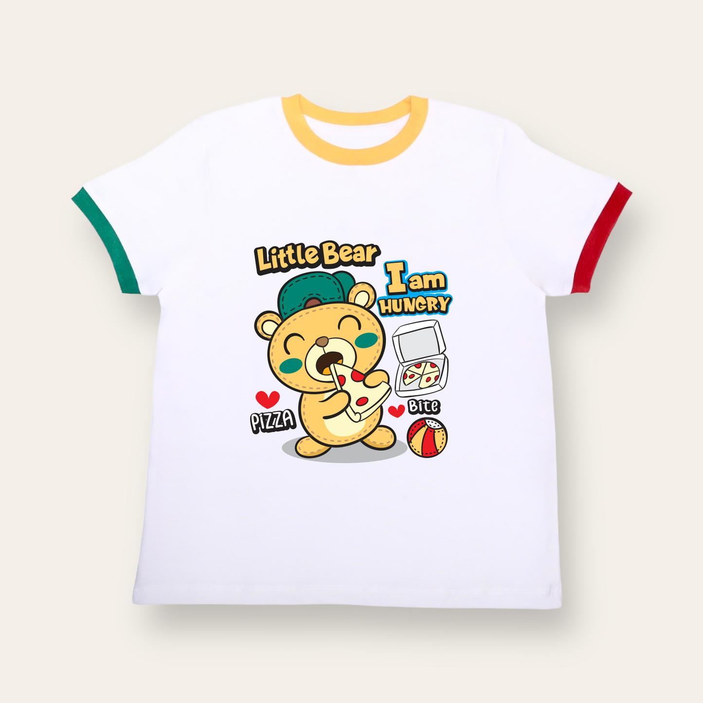 Unisex White with Colorful Ribs Pizza Lover Bear T Shirt for Kids