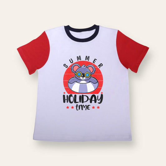 Unisex White/Red Sleeves Summer Holiday Time T Shirt for Kids