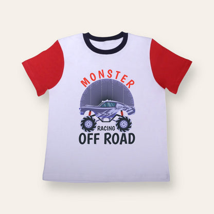 Unisex White/Red Sleeves Monster Racing T Shirt for Kids