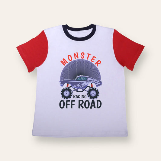 Unisex White/Red Sleeves Monster Racing T Shirt for Kids