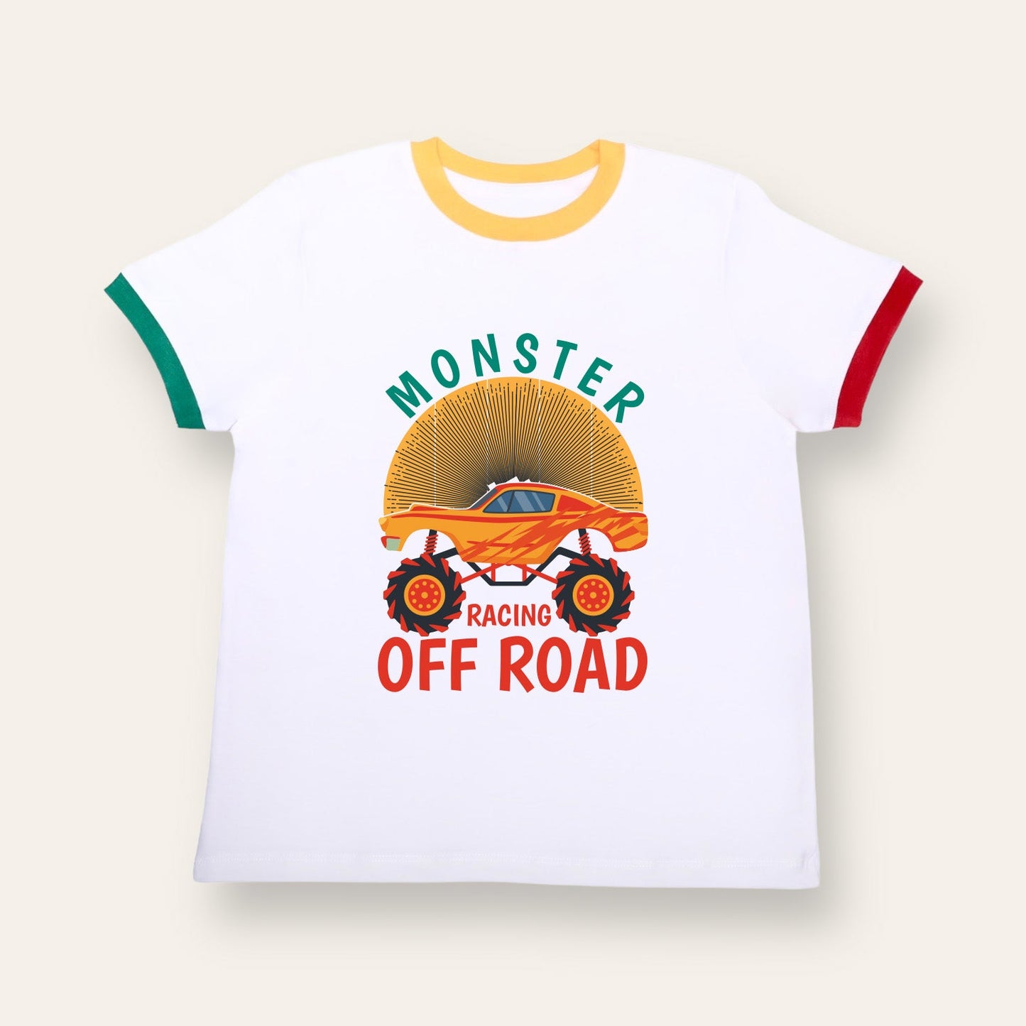 Unisex White with Colorful Ribs Monster Racing T Shirt for Kids