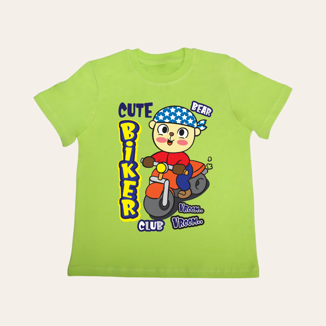 Unisex Neon Green Bear Biker T Shirt for Kids