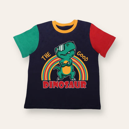 Unisex Blue, Red & Green Sleeves Dinosaur T Shirt for Kids