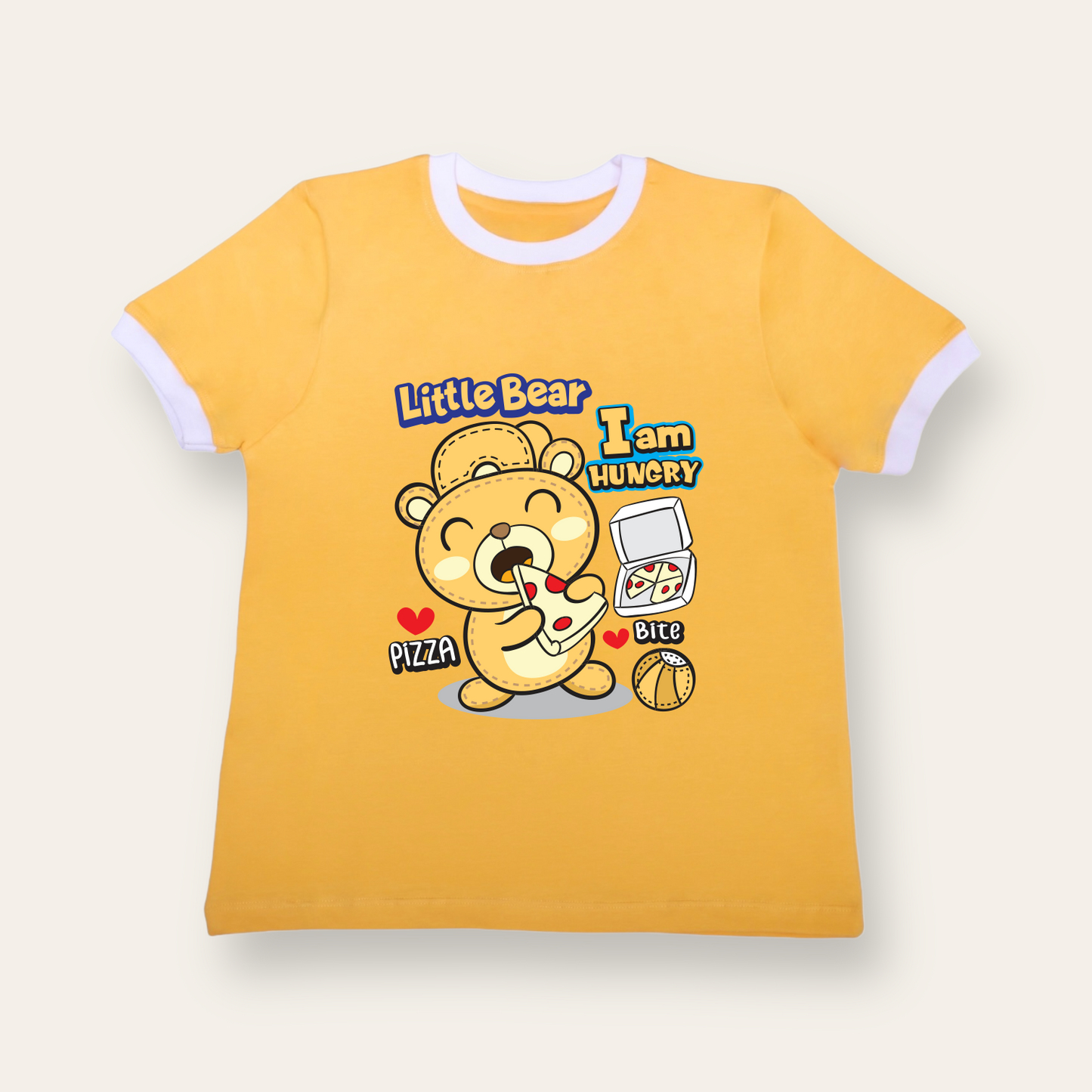 Unisex Yellow with Ribs Pizza Lover Bear T Shirt for Kids