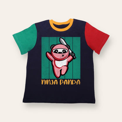 Unisex Blue, Red & Green Ninja Panda T Shirt for Kids