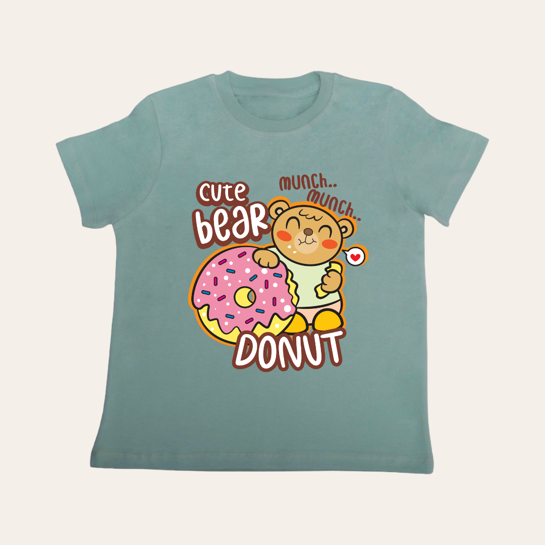 Unisex Sage Green Bear Donut T Shirt for Kids