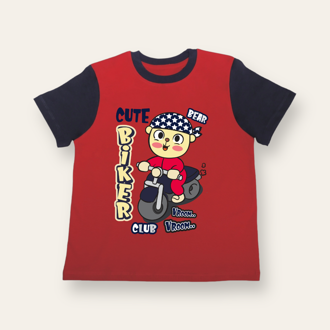 Unisex Red/Blue Sleeves Bear Biker T Shirt for Kids