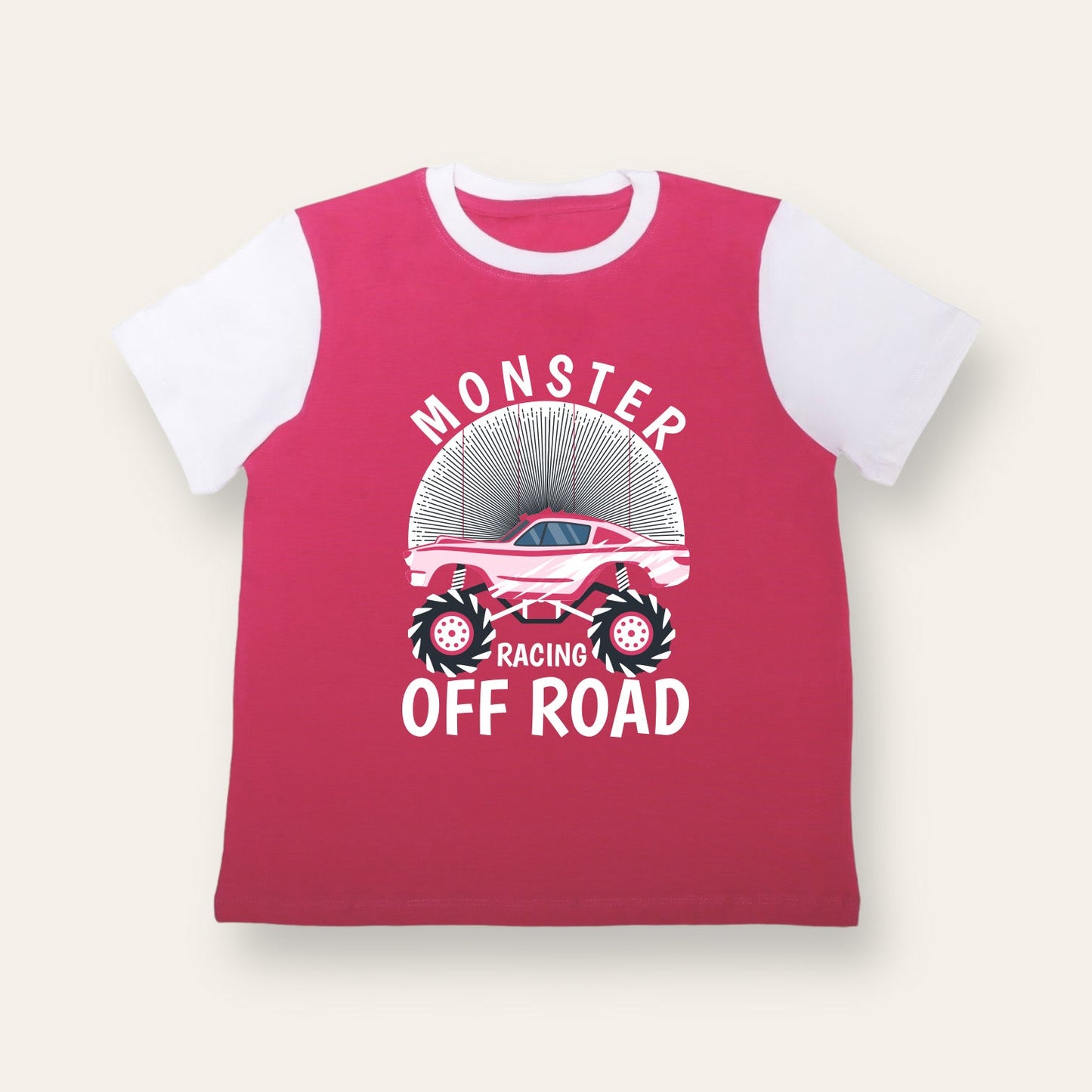 Unisex Pink & White Monster Racing T Shirt for Kids