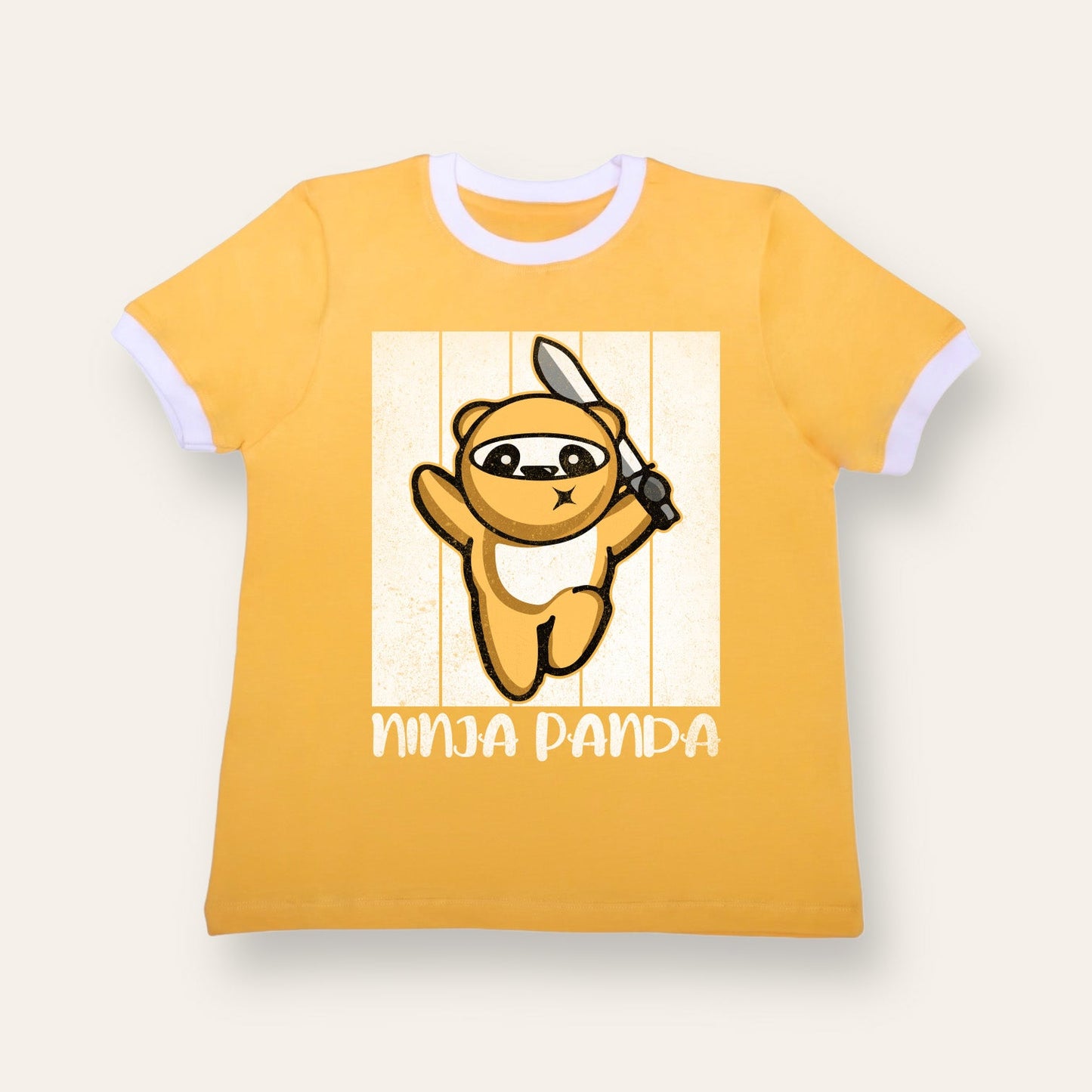 Unisex Yellow with Ribs Ninja Panda T Shirt for Kids