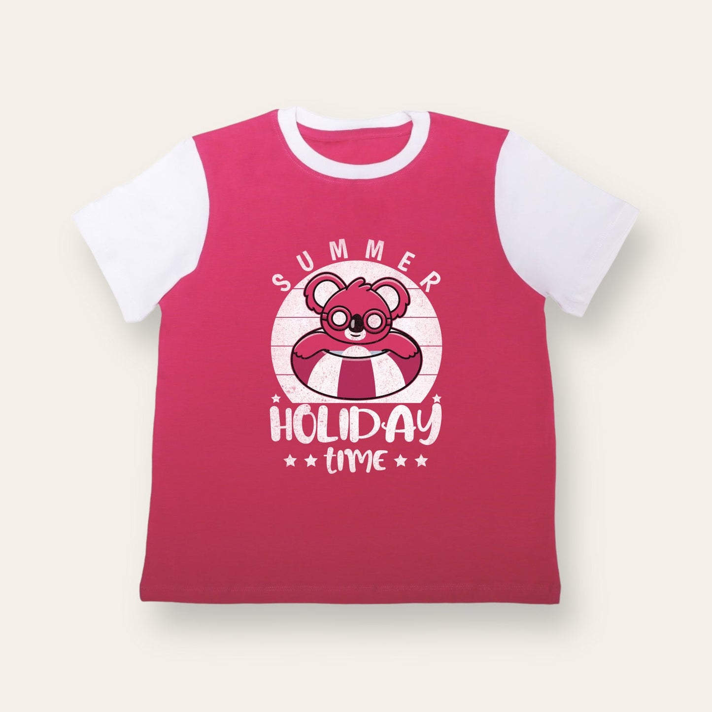 Unisex Pink & White Summer Holiday Time T Shirt for Kids