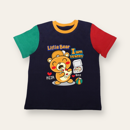 Unisex Blue, Red & Green Pizza Lover Bear T Shirt for Kids