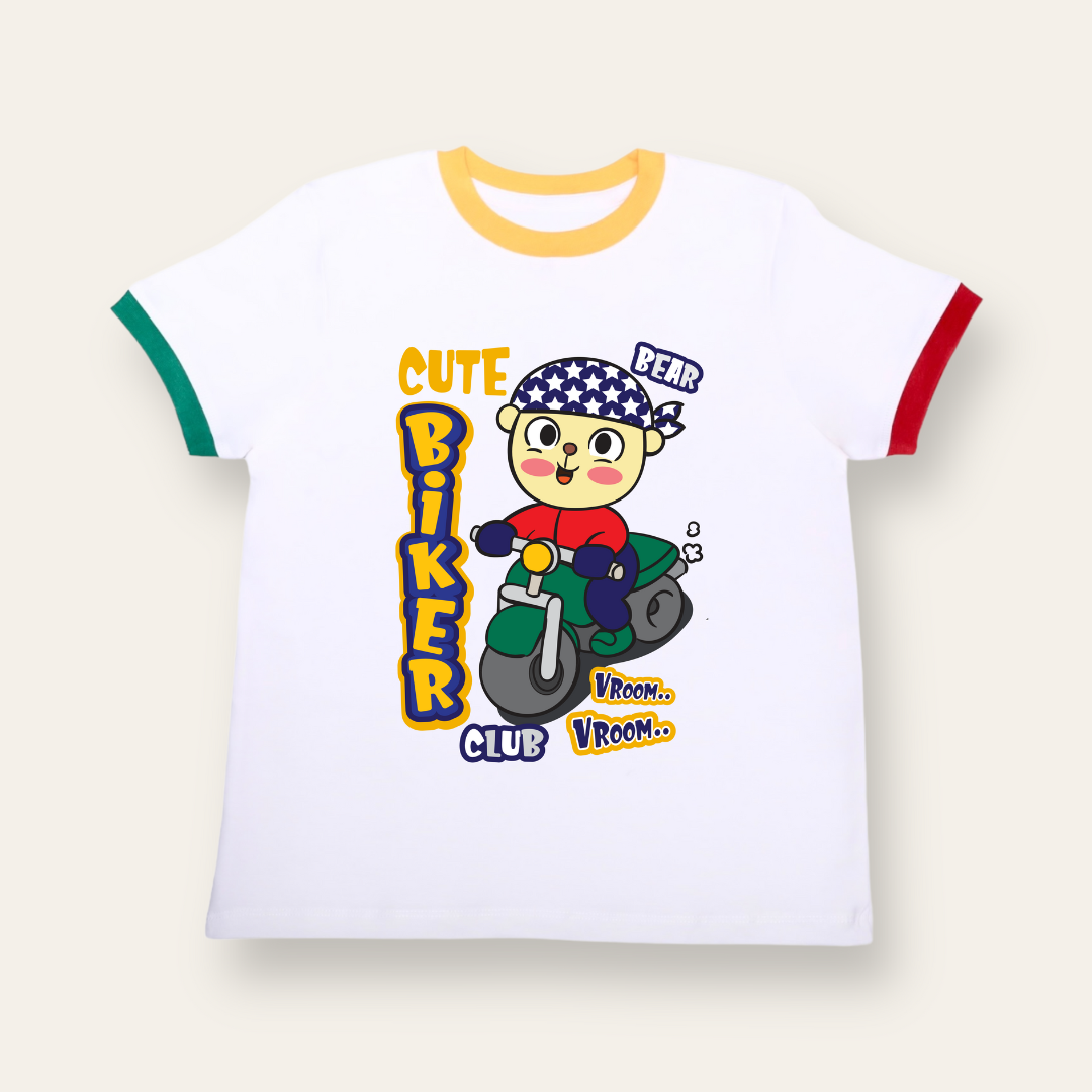 Unisex White with Colorful Ribs Bear Biker T Shirt for Kids