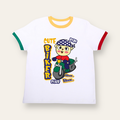 Unisex White with Colorful Ribs Bear Biker T Shirt for Kids