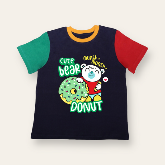 Unisex Blue, Red & Green Bear Donut T Shirt for Kids