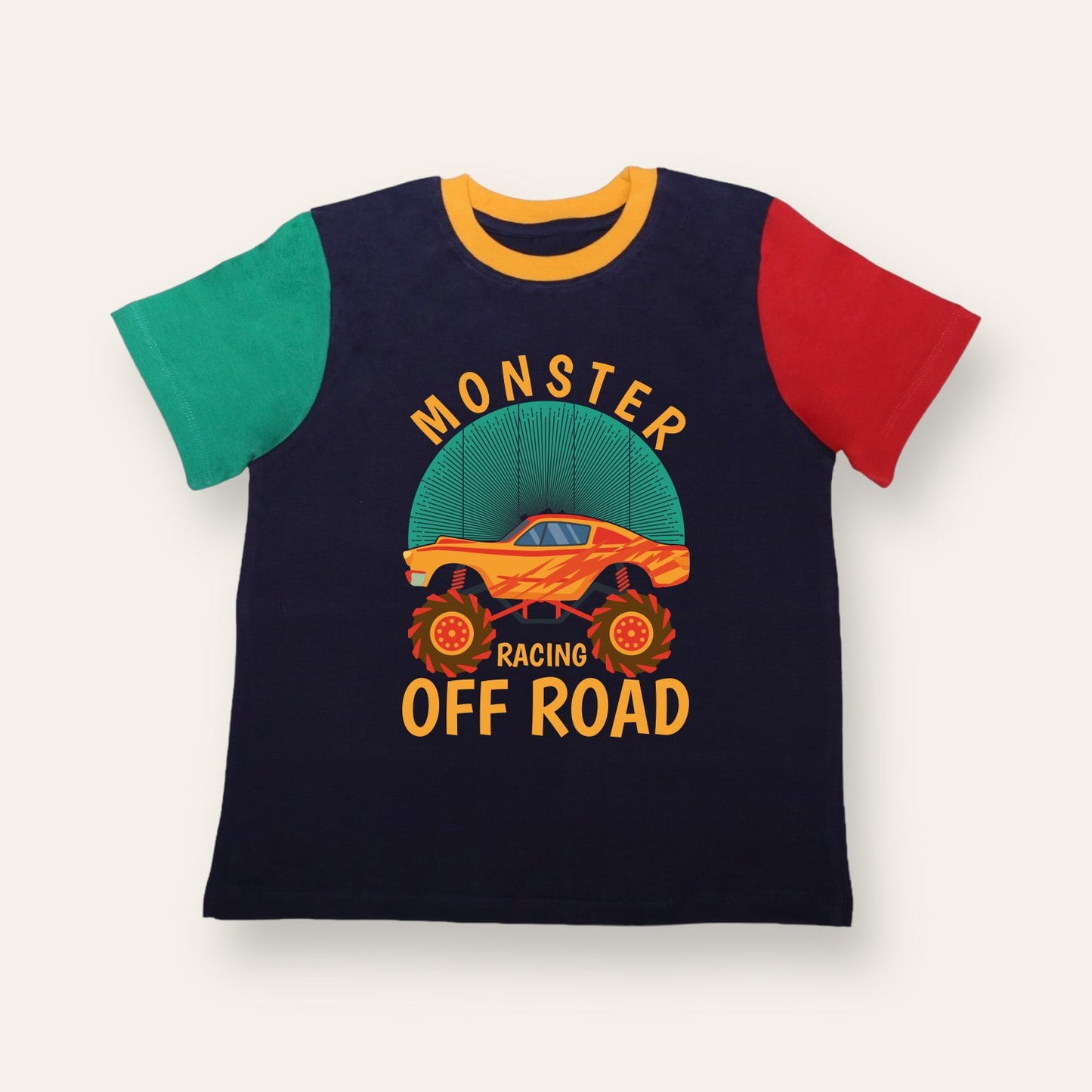 Unisex Blue, Red & Green Monster Racing T Shirt for Kids