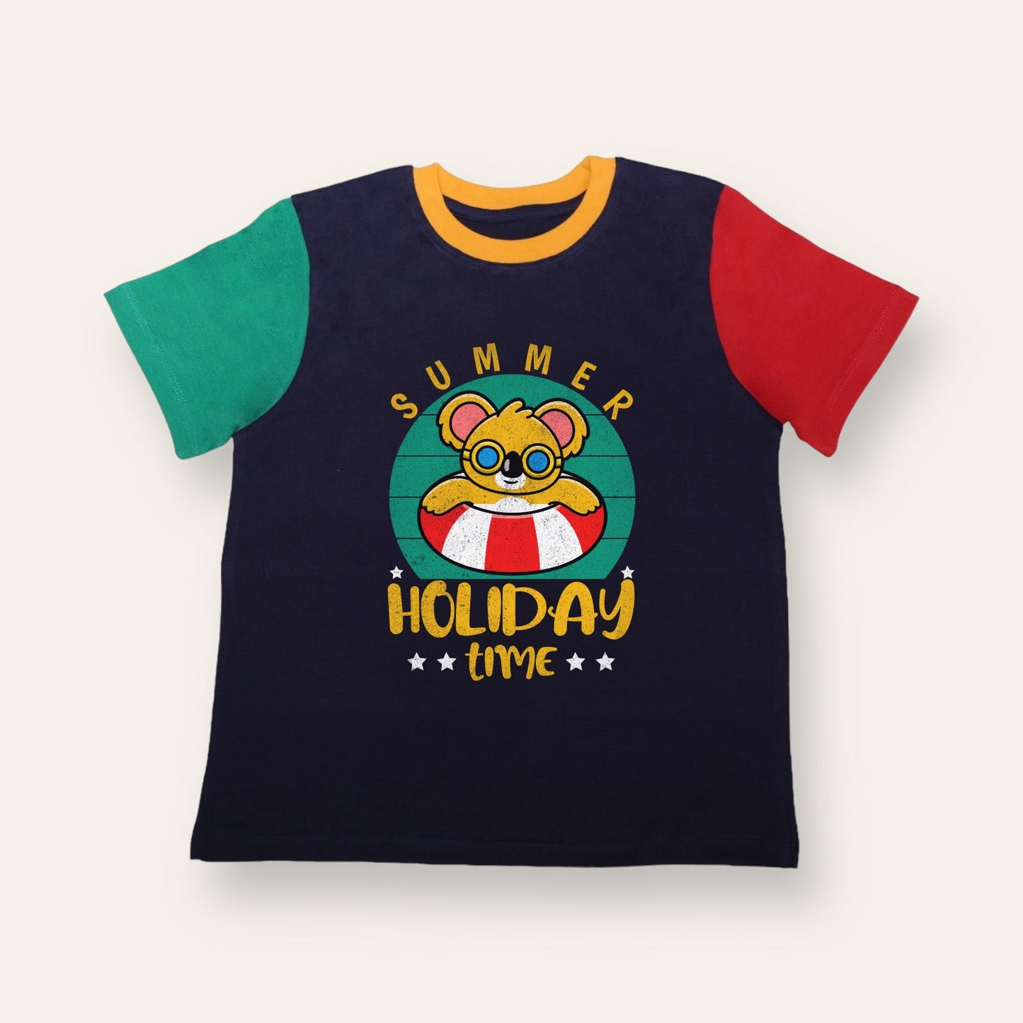 Unisex Blue, Red & Green Summer Holiday Time T Shirt for Kids