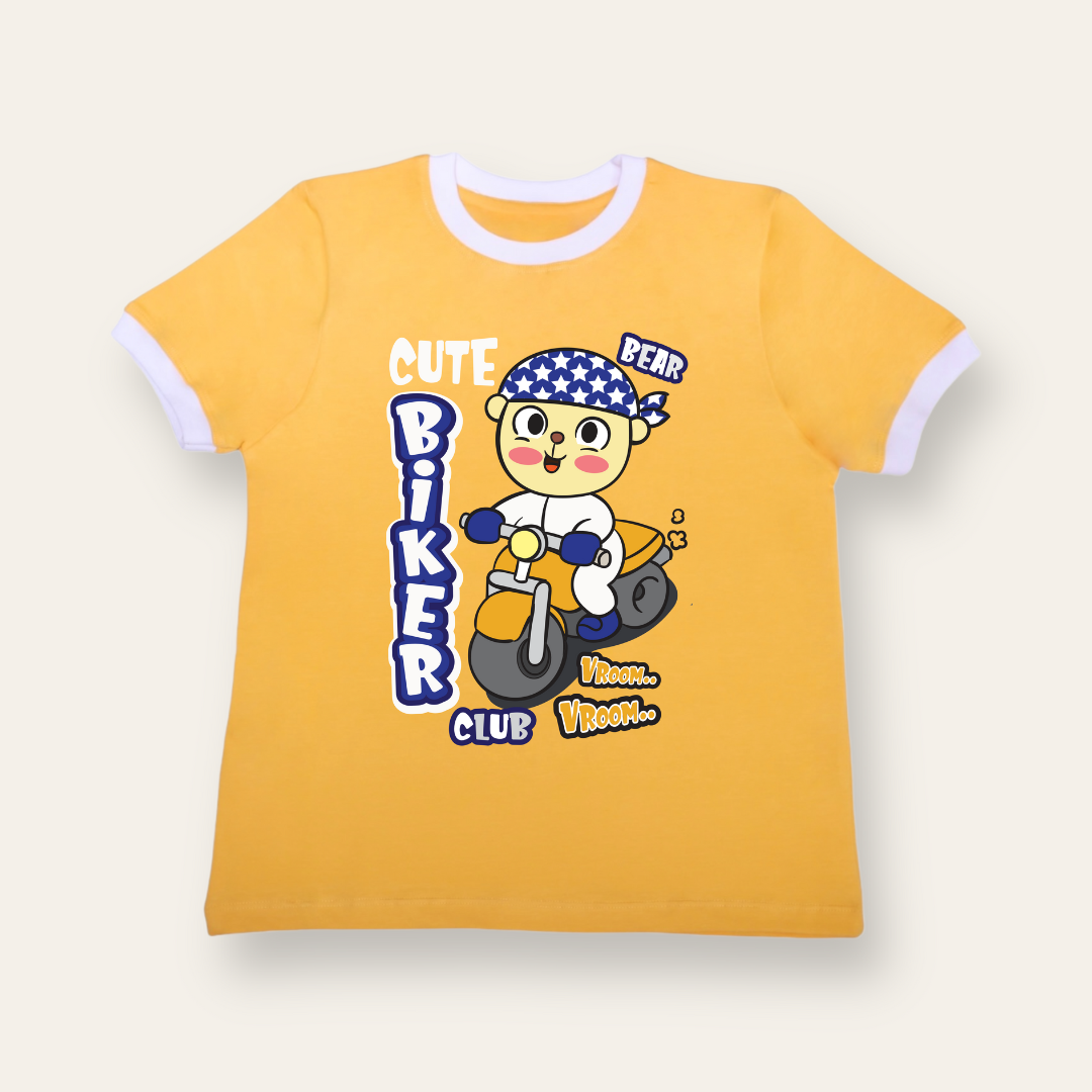 Unisex Yellow Ribbed Bear Biker T Shirt for Kids