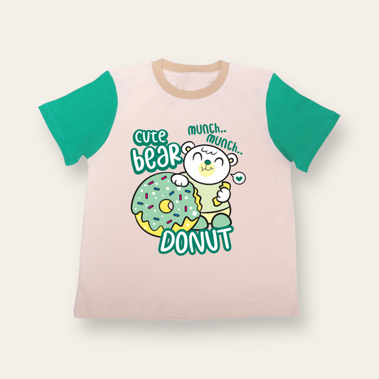 Unisex Cream & Green Bear Donut T Shirt for Kids