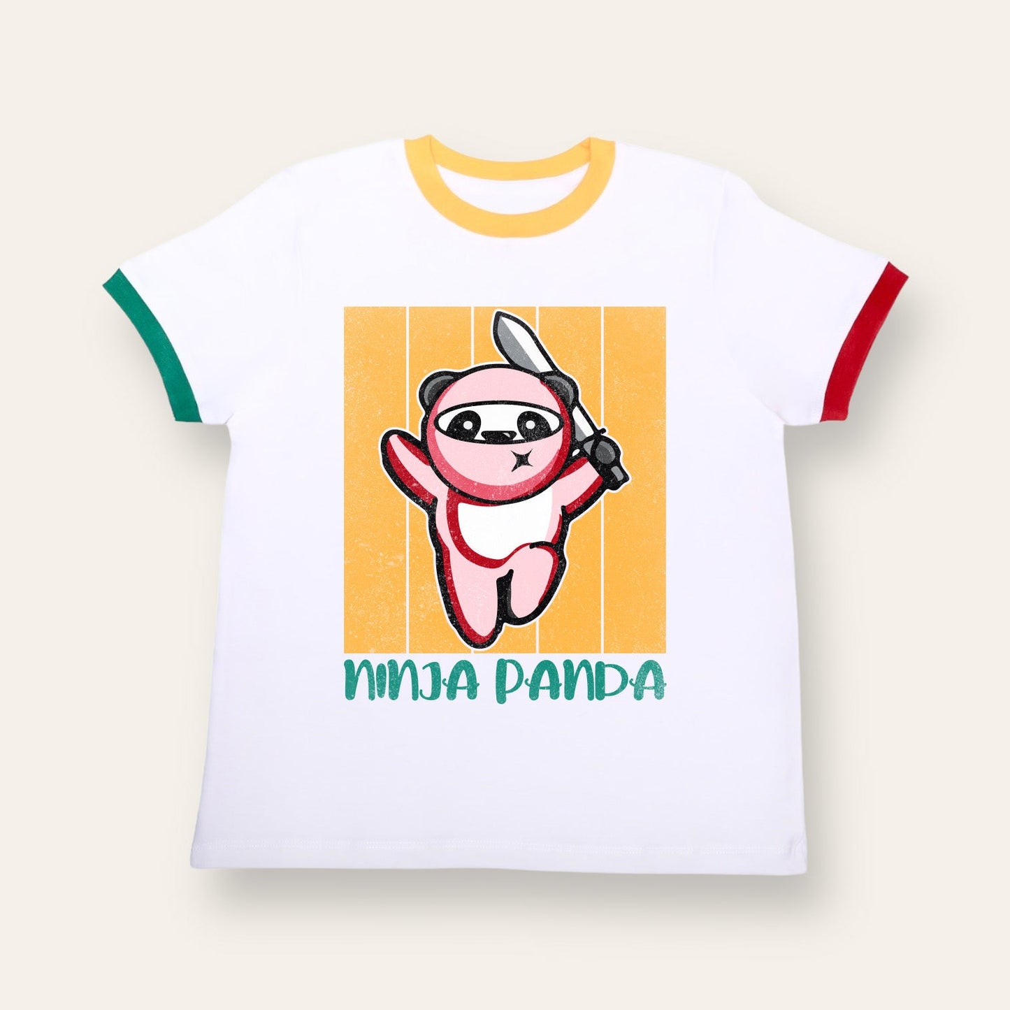 Unisex White with Colorful Ribs Ninja Panda T Shirt for Kids