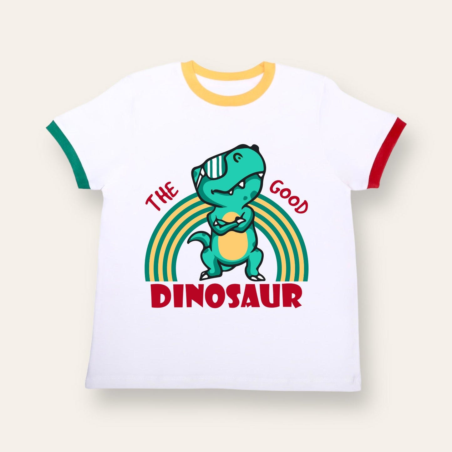 Unisex White with Colorful Ribs Dinosaur T Shirt for Kids