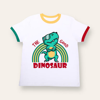 Unisex White with Colorful Ribs Dinosaur T Shirt for Kids